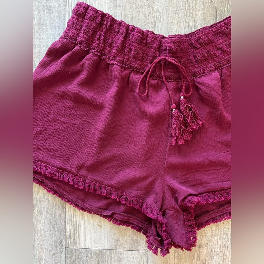 Juniors No Boundaries Pull On Shorts Fringe Hem Tassel Drawstring Maroon Red XL - Picture 3 of 8
